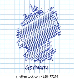 Map of Germany, blue sketch abstract background. The hand drawn map on school grid background texture. scribble pan vector illustration