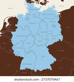 Map of Germany with the borders of the federal states and neighboring countries, color vector illustration