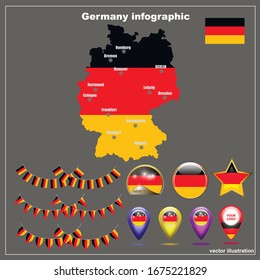 Map of Germany bright graphic illustration. German map with major cities and regions. Set illustration with map, flag, buttons and navigation web buttons.