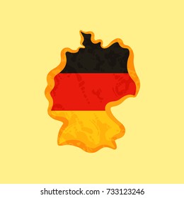 Map of Germany colored with German flag and marked with golden line in grunge vintage style.
