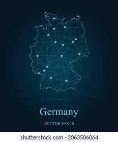 Map of Germany with connected capitals by blue lines and dots, mesh polygonal network frame and lines connection network communication map of Germany on dark background