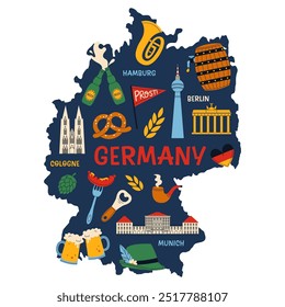 Map of Germany with cultural landmarks, food and symbols. Federal Republic of Germany geography vector illustration.