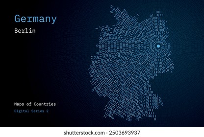 A map of Germany depicted in zeros and ones in the form of a circle. The capital, Berlin, is shown in the center of the circle	
