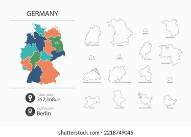Map of Germany with detailed country map. Map elements of cities, total areas and capital.