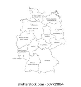 Map of Germany devided to 13 federal states and 3 city-states - Berlin, Bremen and Hamburg, Europe. Simple flat white vector map with black outlines and labels.