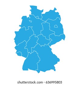 Map of Germany devided to 13 federal states and 3 city-states - Berlin, Bremen and Hamburg. Simple flat blank blue vector map silhouette.