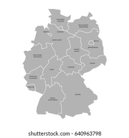 Map of Germany devided to 13 federal states and 3 city, states, Berlin, Bremen and Hamburg, Europe. Simple flat grey vector map with black labels.