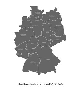 Map of Germany devided to 13 federal states and 3 city-states - Berlin, Bremen and Hamburg, Europe. Simple flat grey vector map with white labels.