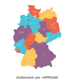 Map of Germany devided to 13 federal states and 3 city-states - Berlin, Bremen and Hamburg, Europe. Simple flat vector map in four colors with white labels.