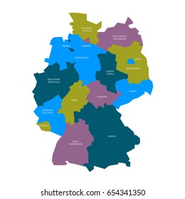 Map of Germany devided to 13 federal states and 3 city-states - Berlin, Bremen and Hamburg, Europe. Simple flat vector map in four colors with white labels.