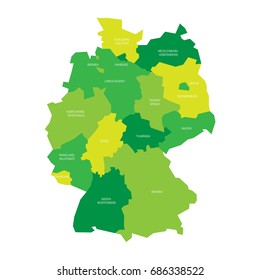 Map of Germany devided to 13 federal states and 3 city-states - Berlin, Bremen and Hamburg, Europe. Simple flat vector map in shades of green.