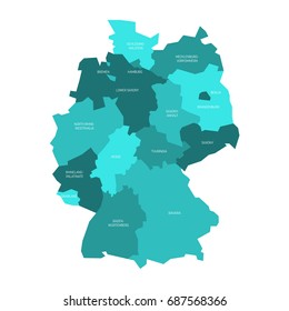 Map of Germany devided to 13 federal states and 3 city-states - Berlin, Bremen and Hamburg, Europe. Simple flat vector map in shades of turquoise blue.