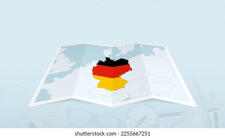 Karte von Deutschland mit der Flagge von Deutschland in der Umrisslinie der Karte auf abstraktem Hintergrund. Reisegrafik.