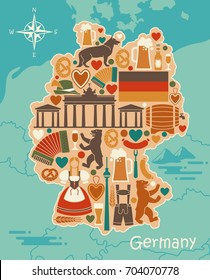 Map of Germany with icons. Traditional symbols of culture, architecture and cuisine of Germany