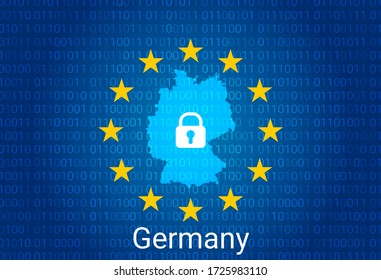 Map of Germany, with lock and binary code background. europe union internet blocking, virus attack, privacy protect. vector illustration