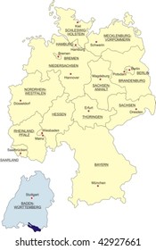 Map of Germany, national boundaries and national capitals; Baden-Wuerttemberg cut out and silhouetted