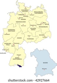 Map of Germany, national boundaries and national capitals; Bavaria cut out and silhouetted