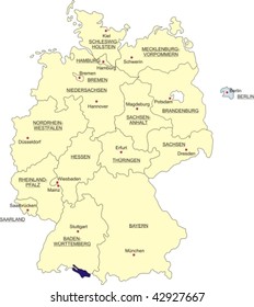 Map of Germany, national boundaries and national capitals; Berlin cut out and silhouetted