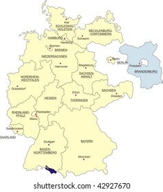 Map of Germany, national boundaries and national capitals; Brandenburg cut out and silhouetted