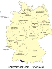 Map of Germany, national boundaries and national capitals; Bremen cut out and silhouetted