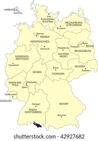 Map of Germany, national boundaries and national capitals; Hamburg cut out and silhouetted