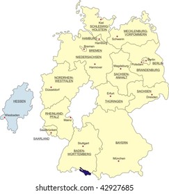 Map of Germany, national boundaries and national capitals; Hesse cut out and silhouetted