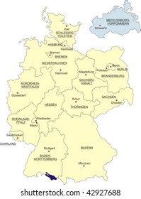 Map of Germany, national boundaries and national capitals; Mecklenburg-Western Pomerania cut out and silhouetted