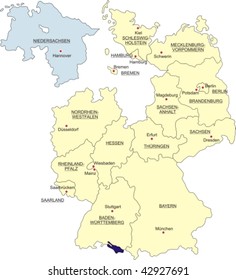 Map of Germany, national boundaries and national capitals; Lower Saxony cut out and silhouetted