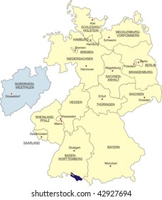 Map of Germany, national boundaries and national capitals; North Rhine-Westphalia cut out and silhouetted