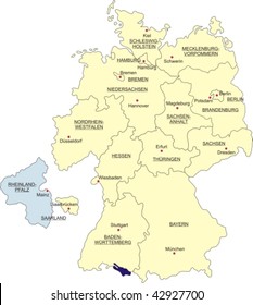 Map of Germany, national boundaries and national capitals; Rhineland-Palatinate cut out and silhouetted