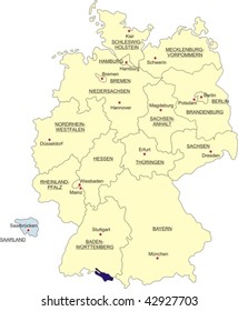 Map of Germany, national boundaries and national capitals; Saarland cut out and silhouetted