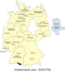 Map of Germany, national boundaries and national capitals; Saxony-Anhalt cut out and silhouetted