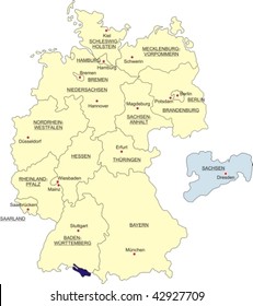 Map of Germany, national boundaries and national capitals; Saxony cut out and silhouetted