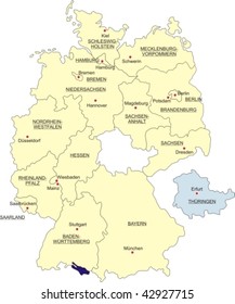 Map of Germany, national boundaries and national capitals; Thuringia cut out and silhouetted