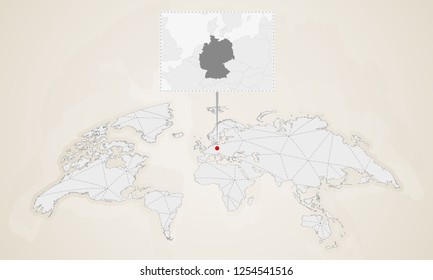 Map of Germany with neighbor countries pinned on world map. Abstract triangles World Map.