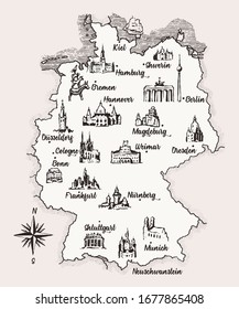 Map of Germany, old school style, vintage retro design, engraved vector illustration, sketch