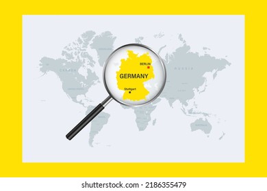 Map of Germany on political world map with magnifying glass