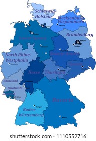 Map of germany on a white background with borders of lands and capitals.  With the names of lands and capitals