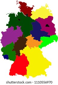 Map of germany on a white background with colored, multi-colored depiction of lands, regions