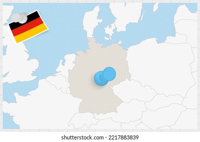 Karte von Deutschland mit einer eingepolsterten blauen Nadel. Pinned Fahne von Deutschland, Vektorgrafik.