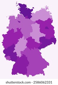 Map of Germany with regions. Just a simple country border map with region division. Purple color palette. Plain Germany shape with administrative division. Vector illustration.