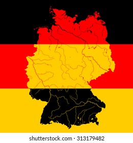 Map of Germany with rivers on the German flag.