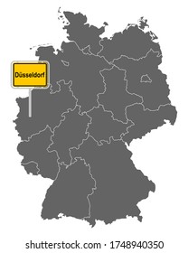 Map of Germany with road sign of Düsseldorf