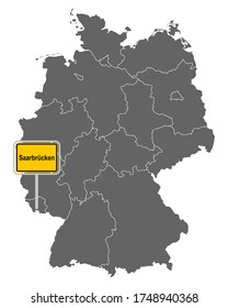 Map of Germany with road sign of Saarbrücken
