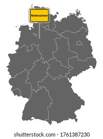 Map of Germany with road sign of Lower Saxony