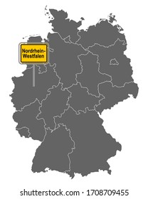 Map of Germany with road sign of North Rhine-Westphalia