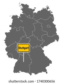Map of Germany with road sign of Stuttgart