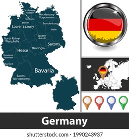 Map of Germany with states and location on European map. Vector image