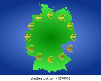 map of Germany and twelve golden euro symbols based on European union flag