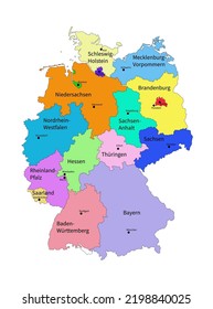 Map of Germany vector illustration with text on German language. Each state is separated on layer and could be interactive colored.